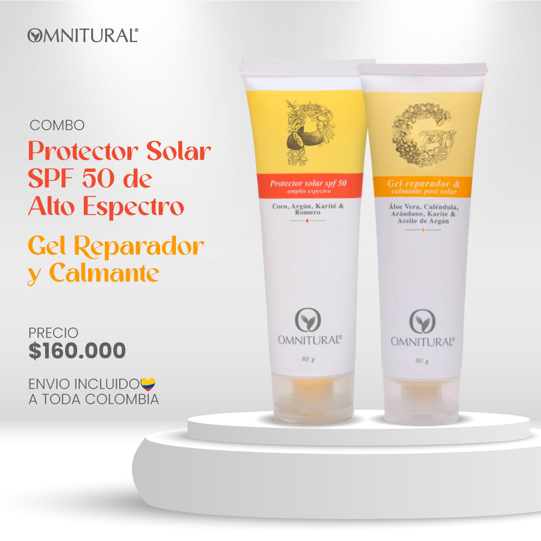 COMBO PROTECTOR SOLAR SPF 50 Y GEL REPARADOR Y CALMANTE